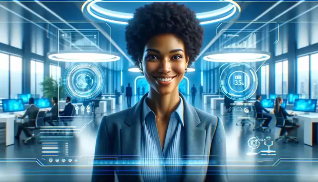 Uma mulher afrodescendente sorridente, olhando para frente em seu ambiente de trabalho futurista, transmitindo a realização do seu ikigai pessoal e profissional.