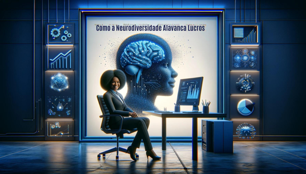 Uma mulher afrodescendente em um espaço de trabalho futurista e inclusivo, simbolizando como a neurodiversidade impulsiona a inovação e lucratividade em um ambiente corporativo com tons de azul.