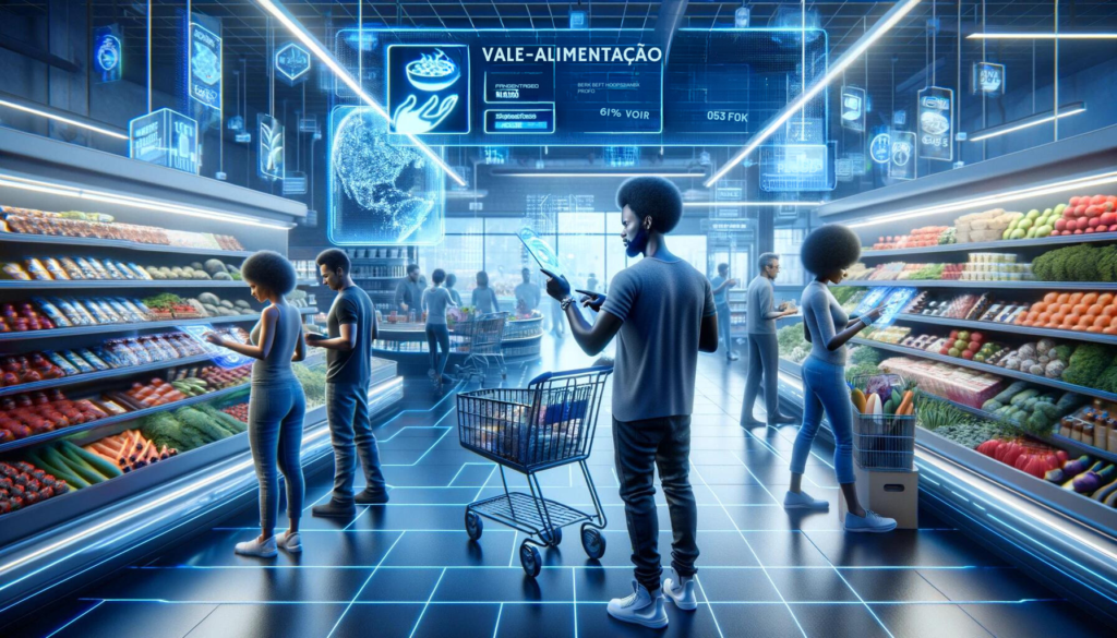 Indivíduos de ascendência africana utilizam vale-alimentação para selecionar alimentos saudáveis em um supermercado futurista.