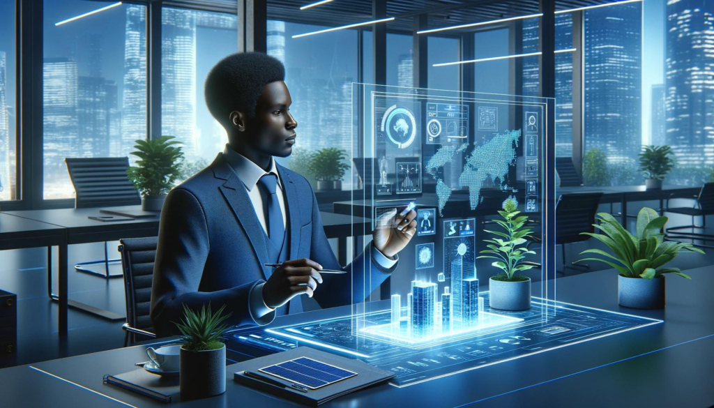 Um indivíduo de ascendência africana utiliza tecnologias verdes em um ambiente futurista, representando as "green skills" essenciais para o futuro sustentável do mercado de trabalho.