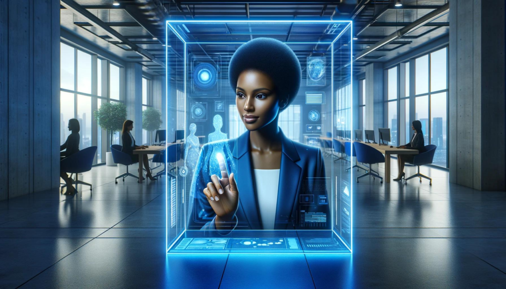 Uma mulher afrodescendente exibe mad skills utilizando tecnologia avançada em um escritório futurista com tons de azul, destacando a neurodiversidade como diferencial competitivo no mercado.