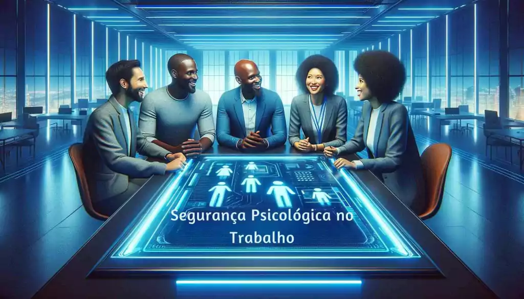 Quatro profissionais afrodescendentes felizes e seguros reunidos em torno de uma mesa digital em um ambiente de trabalho futurista, compartilhando ideias em um clima de confiança e suporte mútuo.