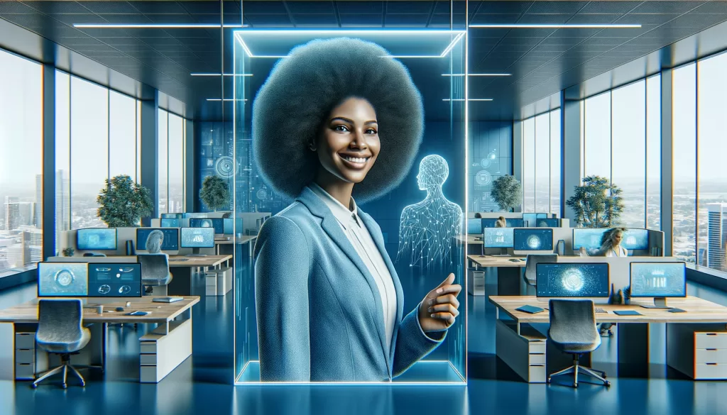 Imagem de uma mulher afrodescendente sorrindo e calma, simbolizando saúde mental positiva, em um ambiente de trabalho futurista. O escritório é equipado com estações de trabalho ergonômicas, interfaces digitais para suporte à saúde mental e áreas de relaxamento tranquilas, tudo em tons de azul, promovendo um ambiente de trabalho focado no bem-estar e na produtividade.