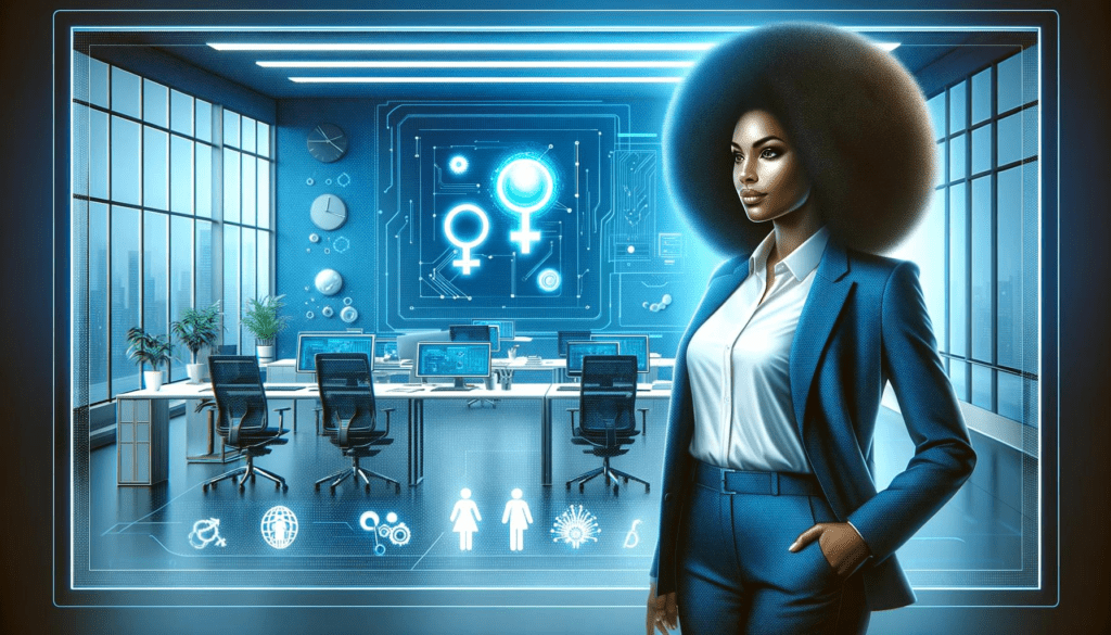 Imagem de uma mulher afrodescendente em um escritório futurista em tons de azul, exibindo confiança e profissionalismo. Ao seu lado, símbolos discretos representam feminilidade e fertilidade, integrados harmoniosamente no ambiente de trabalho moderno, simbolizando o impacto positivo do ambiente de trabalho na saúde reprodutiva feminina.