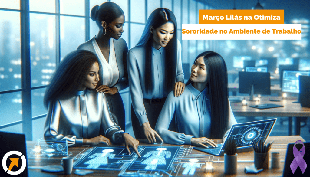 Três mulheres de diferentes etnias colaboram em um projeto, em um ambiente de escritório futurista em tons de azul, simbolizando sororidade e empoderamento feminino no ambiente corporativo.