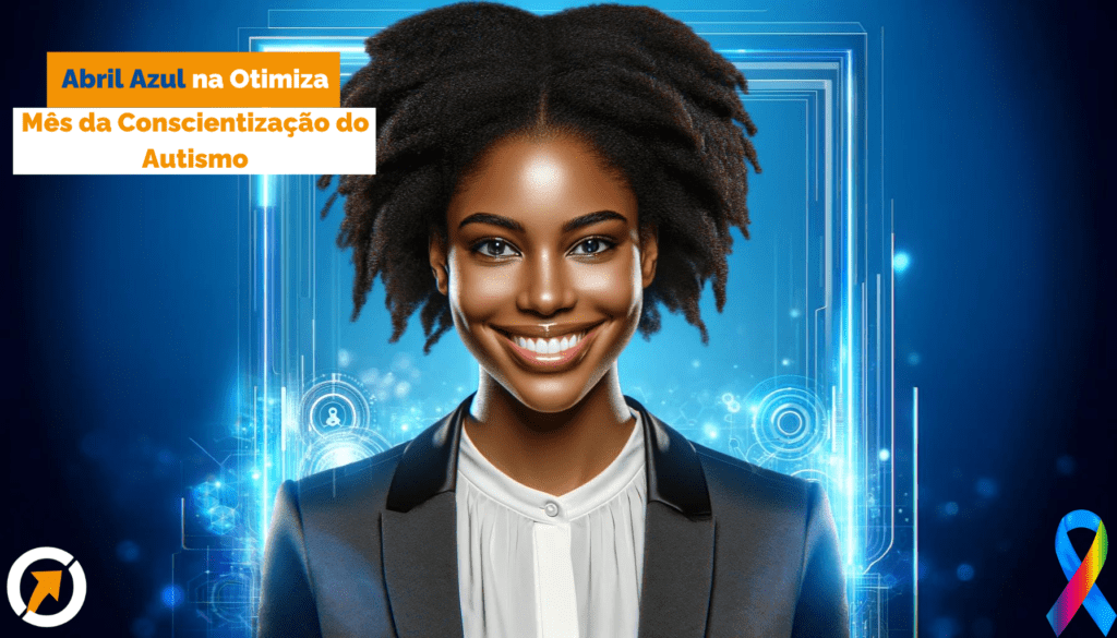 "Retrato de uma mulher negra sorridente, vestida com traje profissional, com fundo azul claro e luminoso que celebra a neurodiversidade.