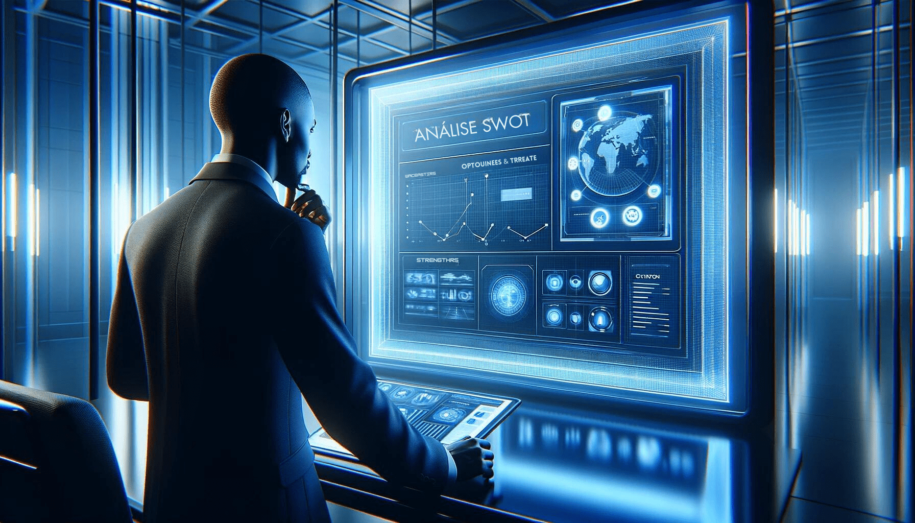 Um profissional de ascendência africana realiza uma análise SWOT em um display interativo dentro de um escritório futurista minimalista azul, refletindo sobre estratégias empresariais.