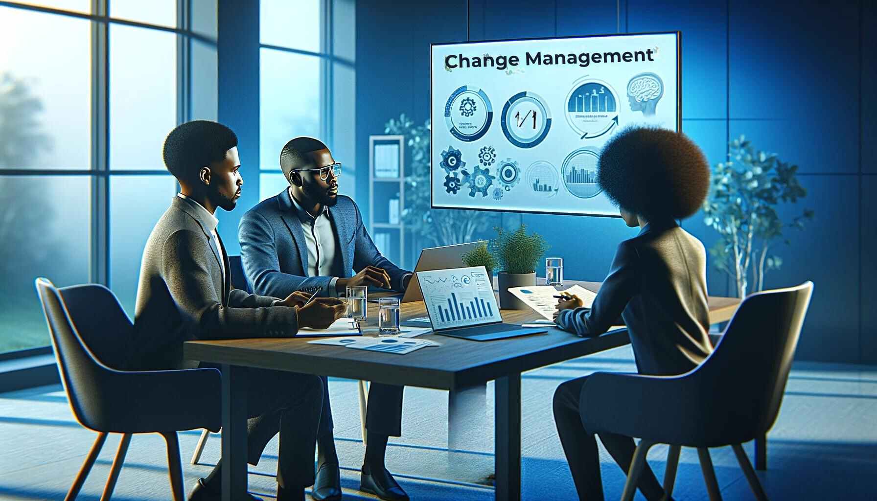 Um homem e duas mulheres de ascendência africana engajam-se em uma discussão profunda sobre Change Management em uma sala de reuniões moderna, cercados por documentos e telas digitais que destacam conceitos e aplicações práticas.