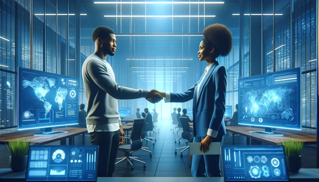 Dois profissionais de ascendência africana, um homem e uma mulher, dão um aperto de mãos em um escritório futurista, simbolizando colaboração e acordo profissional de trabalho intermitente.