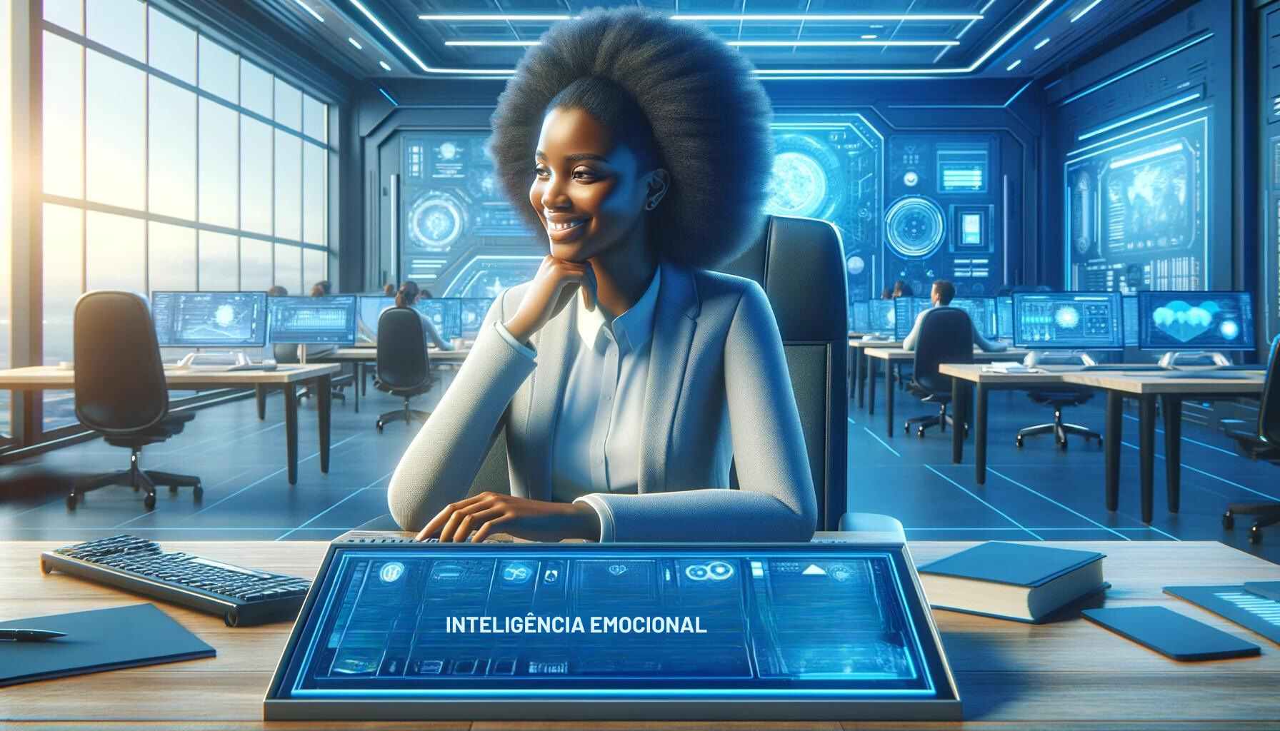 Uma mulher de ascendência africana sentada à sua mesa de trabalho em um escritório futurista, exibindo uma expressão de contentamento que reflete alta inteligência emocional.
