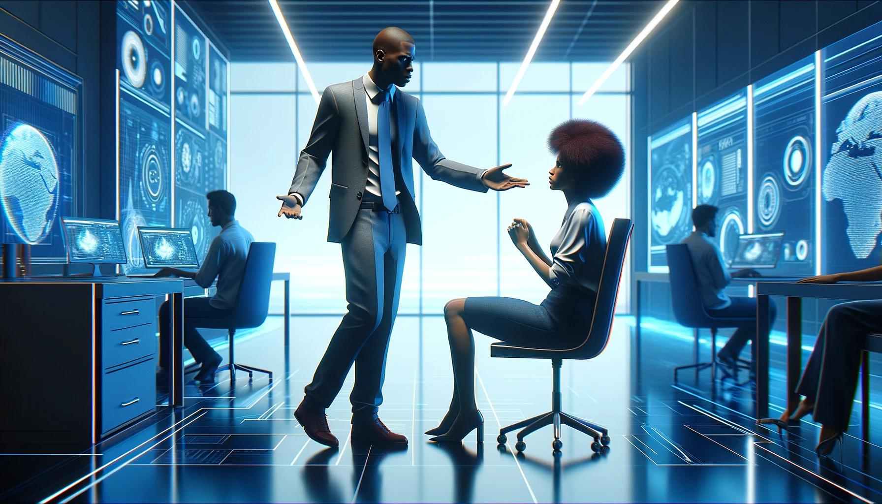 Um homem de pé interrompe uma mulher sentada durante uma reunião em um escritório futurista, ilustrando um momento de "Mansplaining e Manterrupting" na vida profissional.