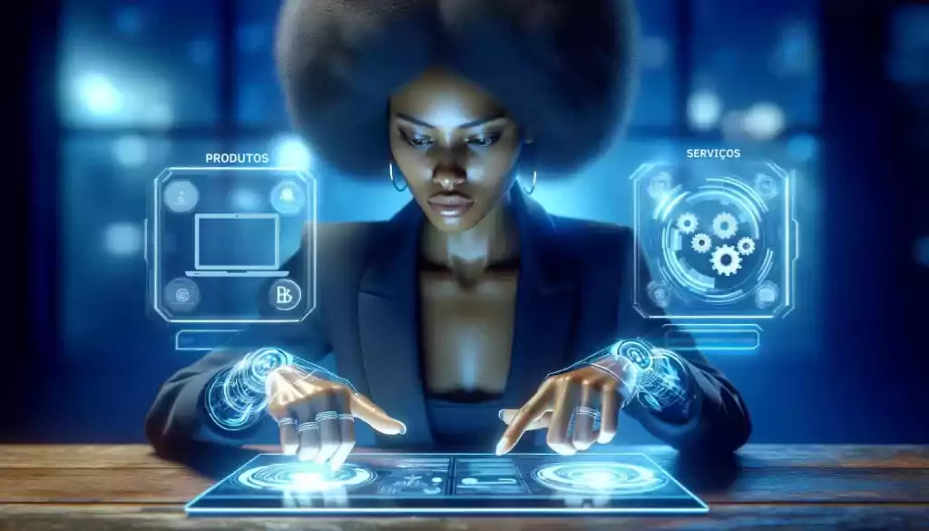 Uma mulher de ascendência africana contempla entre opções de produto e serviço representadas em projeções holográficas, em um escritório futurista azul, refletindo sobre sua escolha empreendedora.