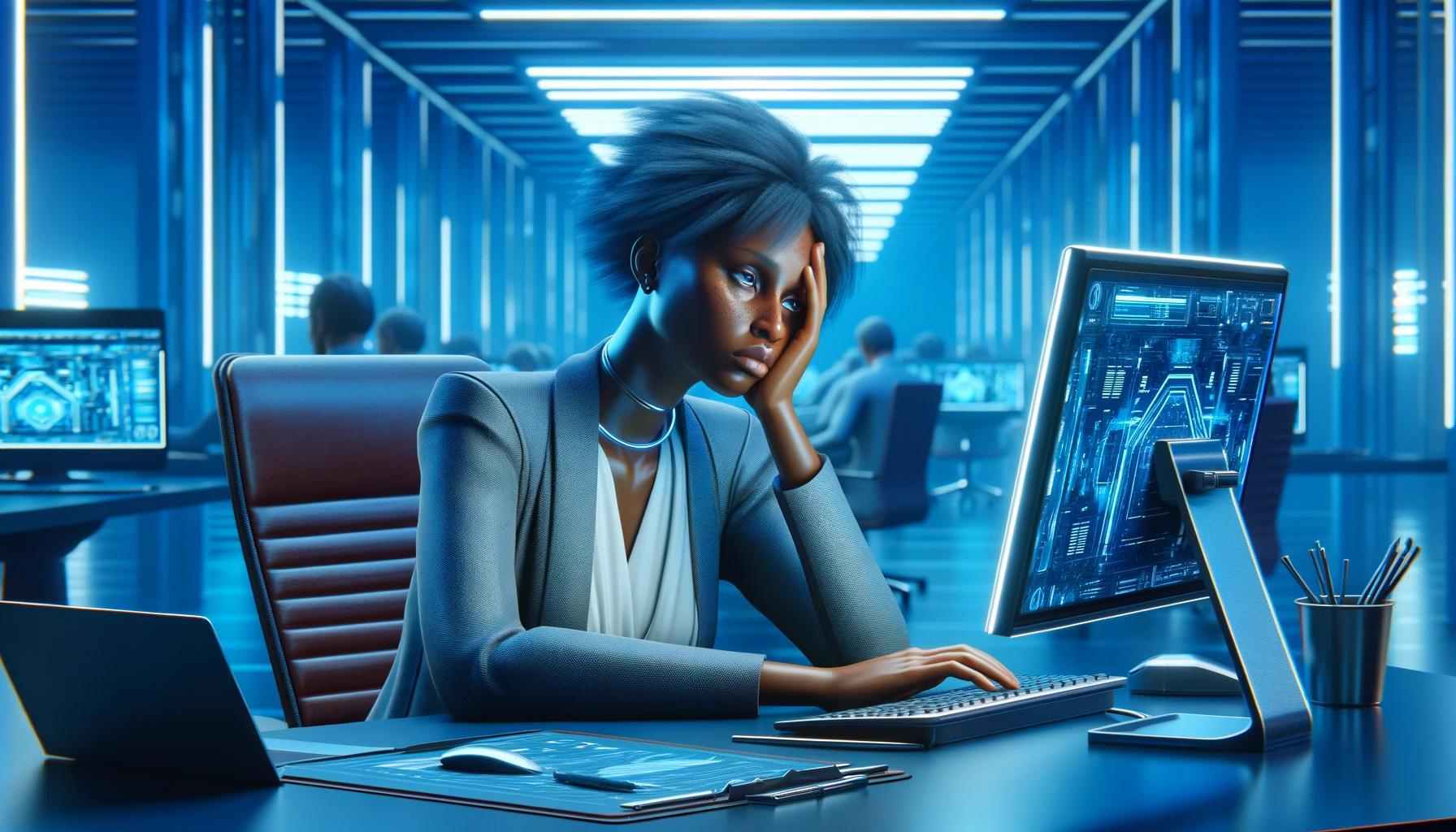 Uma mulher de ascendência africana sentada à frente de um computador em um escritório futurista, exibindo sinais de esgotamento causado por burnout digital.