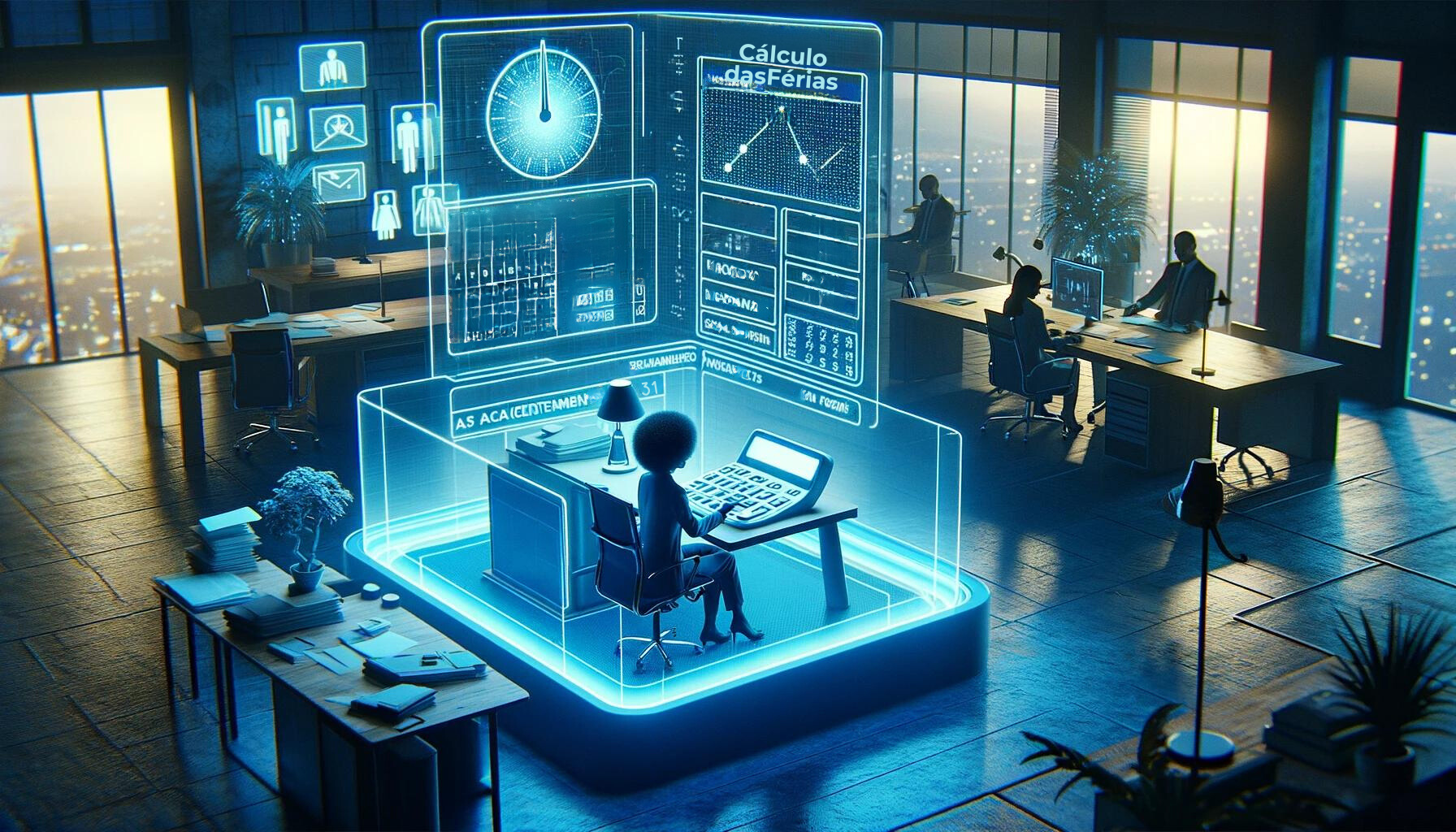 Profissional afrodescendente utiliza ferramentas computacionais avançadas para cálculo exato de férias em um escritório futurista azul.