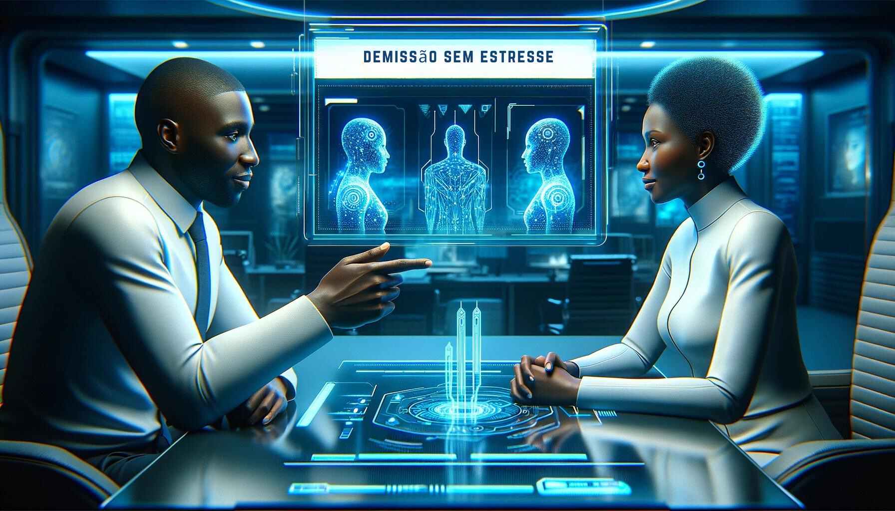 Um homem e uma mulher de ascendência africana conversam calmamente em um escritório de RH futurista, discutindo estratégias para uma demissão sem pesadelos, com interfaces digitais ao fundo, enfatizando um encerramento positivo.