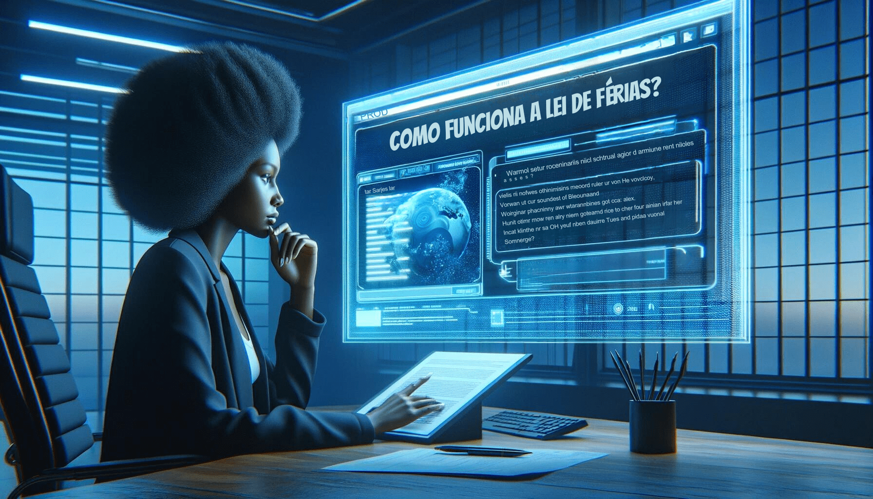 Uma mulher de ascendência africana analisa detalhes da lei de férias em uma tela digital interativa dentro de um escritório futurista minimalista.