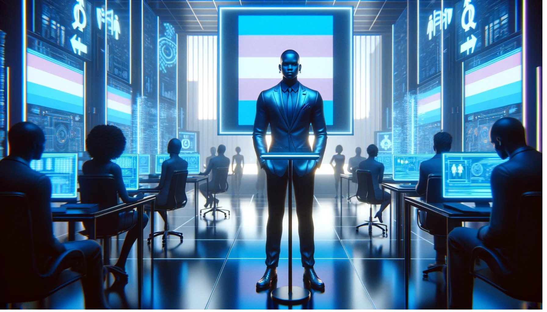 Um indivíduo de ascendência africana interage com uma exibição digital que apresenta a bandeira trans, em um escritório de RH futurista, destacando a importância da inclusão e visibilidade trans no ambiente corporativo.