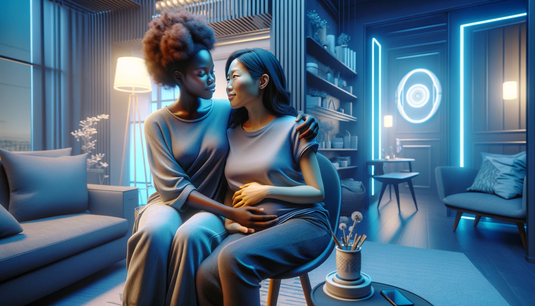 Uma mulher negra e uma mulher asiática, simbolizando a licença maternidade em uma relação homoafetiva, vestindo roupas do dia a dia e compartilhando um momento íntimo em uma sala de estar aconchegante com detalhes futuristas em tons de azul.
