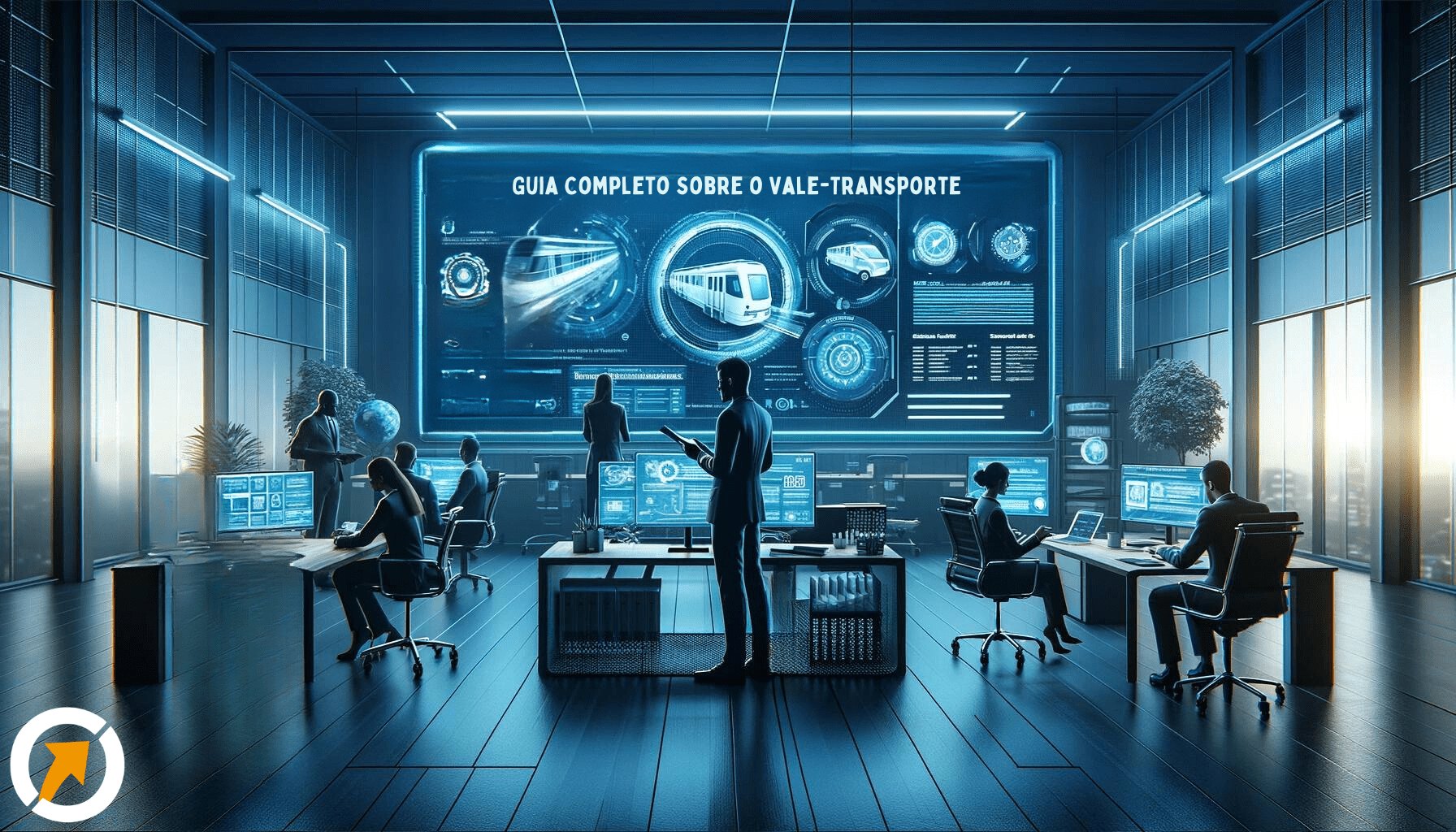 Um ambiente de escritório moderno e futurista em tons de azul, com uma pessoa examinando informações sobre vale-transporte em uma tela digital, simbolizando a importância do gerenciamento de benefícios trabalhistas.