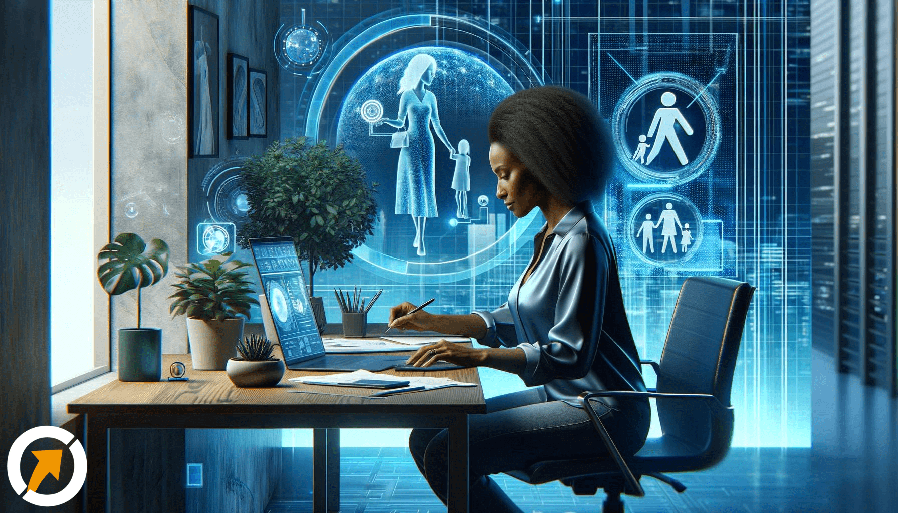 Uma mulher moderna negra trabalha em um escritório moderno com tons de azul realista e futurista, simbolizando a harmonia entre trabalho, família e autocuidado.