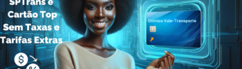 Uma mulher de ascendência africana segura um cartão de vale-transporte Otimiza, sorrindo, à esquerda de um fundo azul futurista, com amplo espaço à direita para texto.