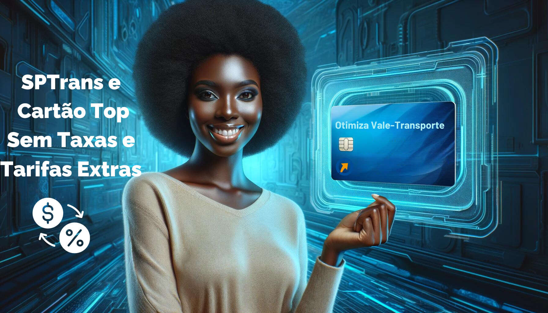 Uma mulher de ascendência africana segura um cartão de vale-transporte Otimiza, sorrindo, à esquerda de um fundo azul futurista, com amplo espaço à direita para texto.