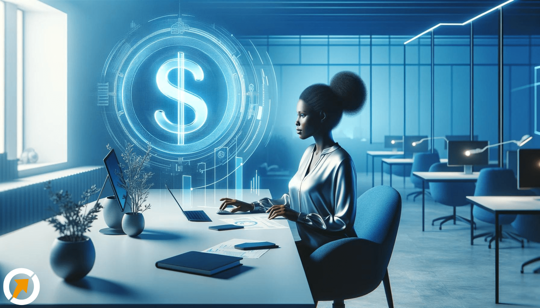 Uma mulher negra em um escritório futurista com tons de azul, concentrada em seu trabalho com um símbolo financeiro dourado ao lado, representando o empoderamento financeiro das mulheres.