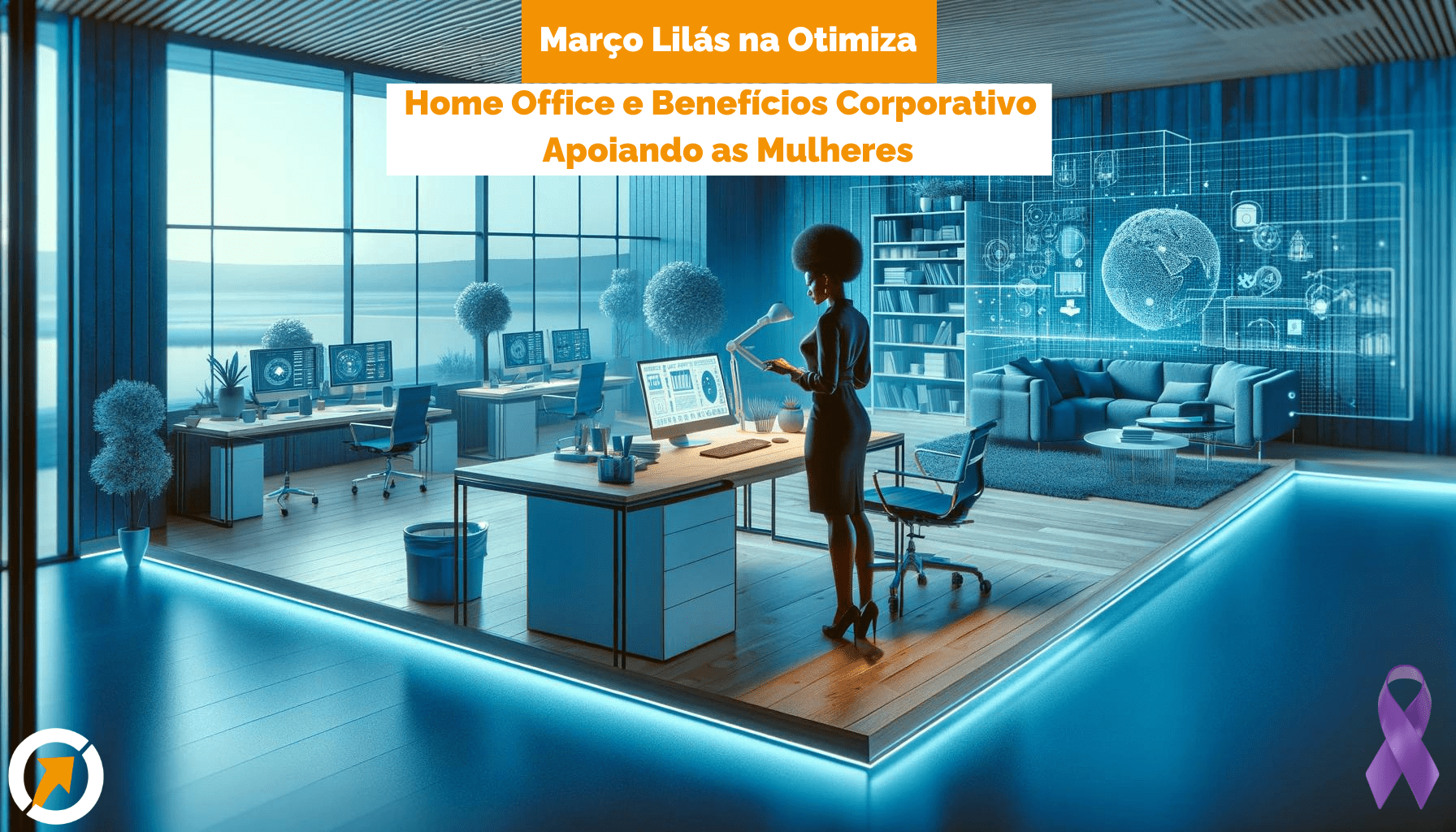 Uma mulher negra trabalha em um ambiente de escritório moderno que mescla elementos de home office e benefícios corporativos, iluminado em tons de azul futurista, simbolizando o equilíbrio entre vida profissional e pessoal.