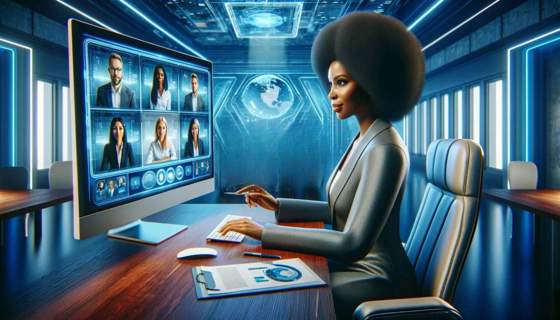 Uma mulher afrodescendente exerce liderança virtual de sua mesa de trabalho, conduzindo uma reunião com sua equipe remota.