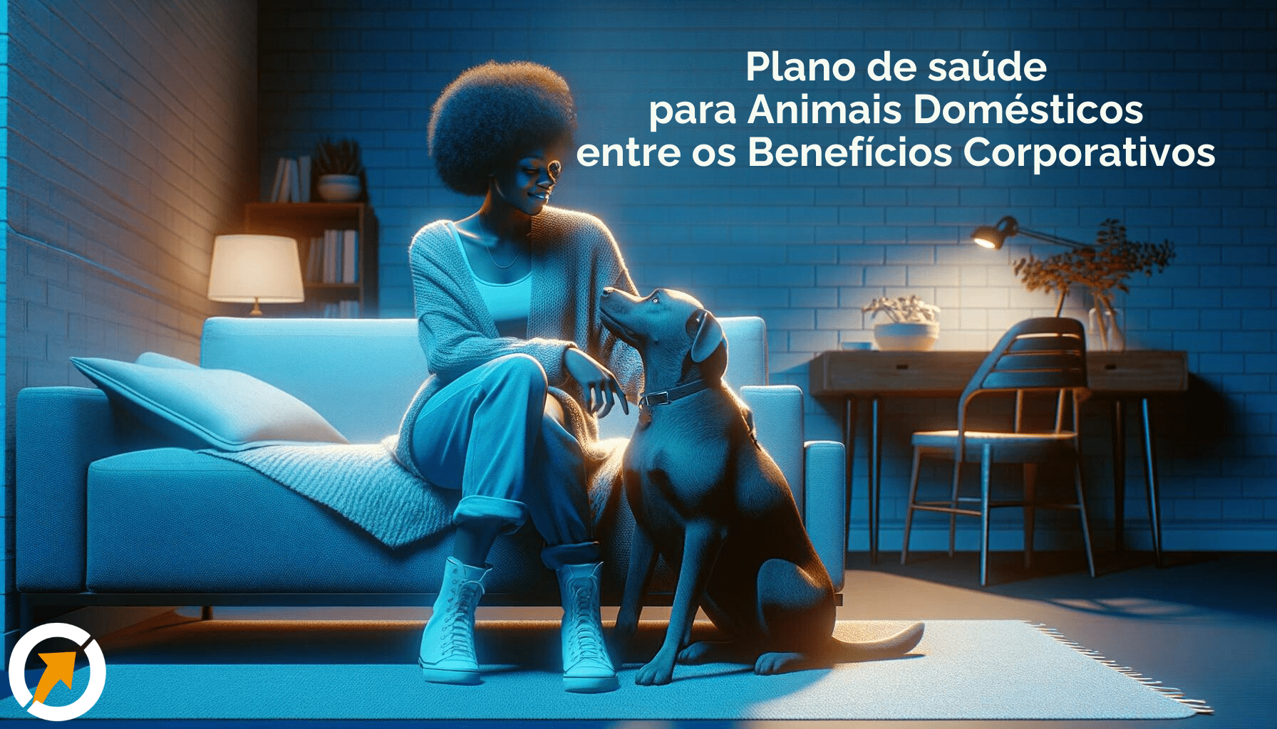 Uma mulher negra relaxa em casa com seu cachorro, em um ambiente amistoso com tons de azul, refletindo a importância do plano de saúde animal nos benefícios trabalhistas.