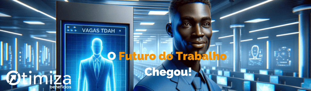 Um homem negro em um ambiente de escritório futurista e realista, vestindo um terno azul, exibe uma expressão sutilmente feliz ao lado de uma placa digital com a inscrição "Vagas". O cenário reflete um espaço de trabalho inclusivo para pessoas com TDAH.